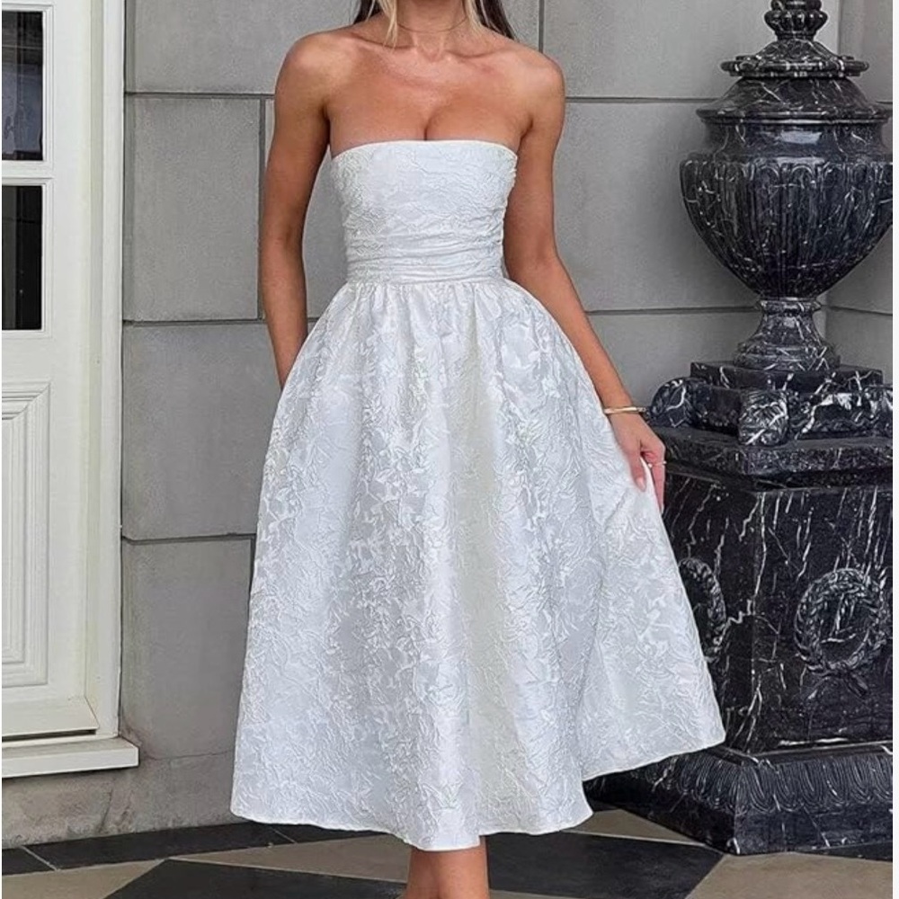 Elegant Strapless "Ivory" Textured Midi Dress